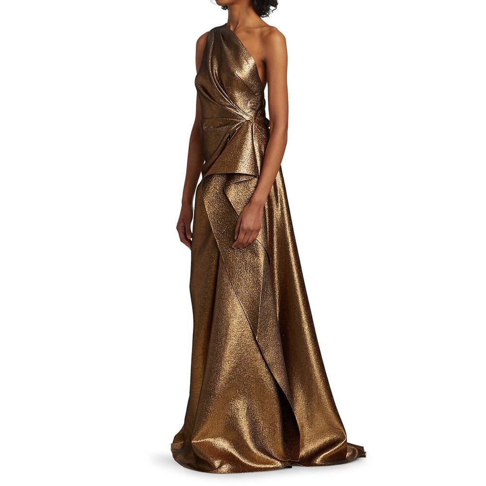 Reem Acra Metallic One-Shoulder Gown Formal Dress